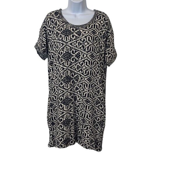 Dee Elle EUC Blue White Nordic Abstract Print Short Sleeve Sweater Dress Tunic S - Picture 1 of 9